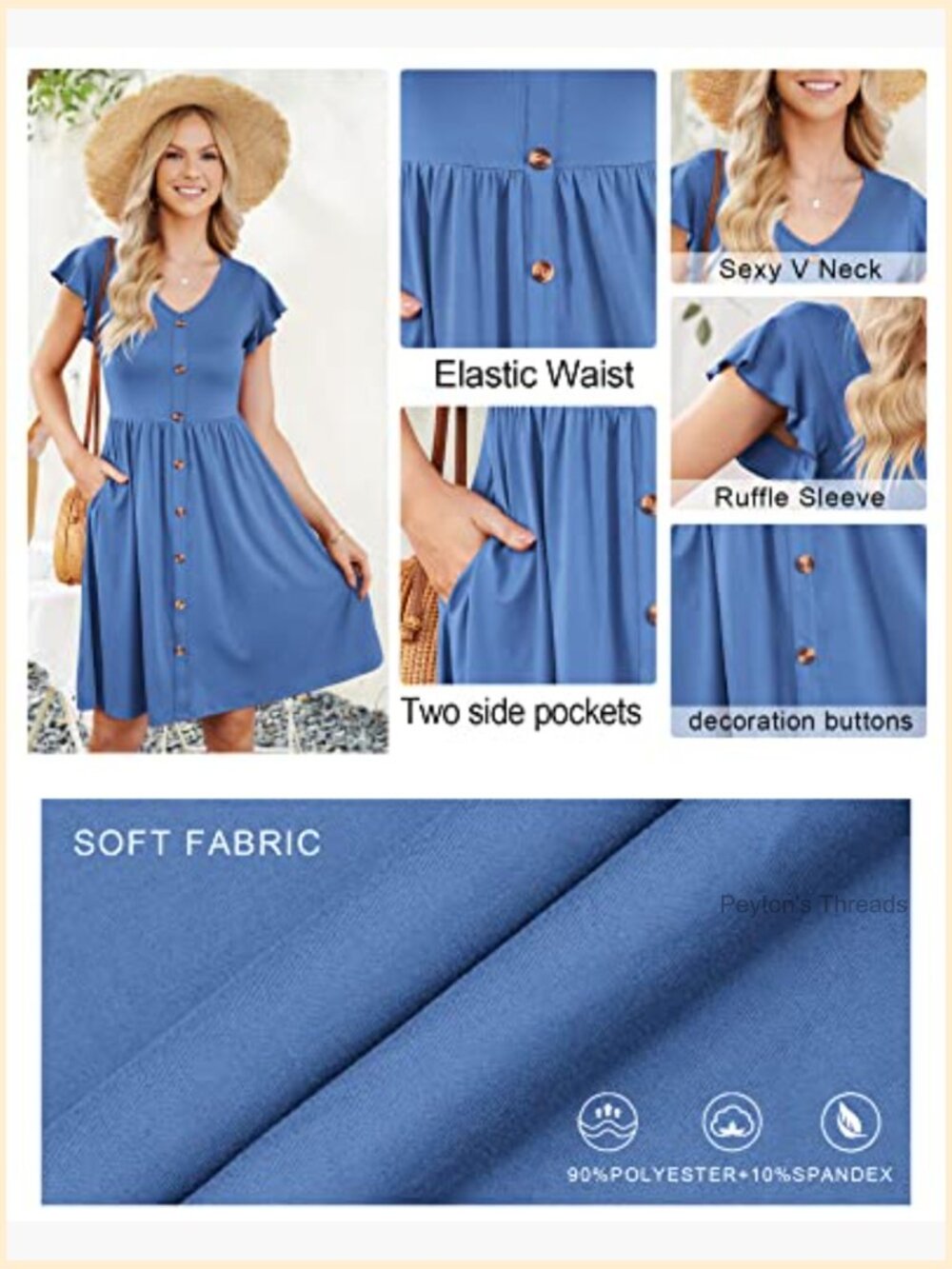 Women's Cap Sleeve V-Neck A-Line Swing Dress with Pockets - Casual Summer - Picture 4 of 7